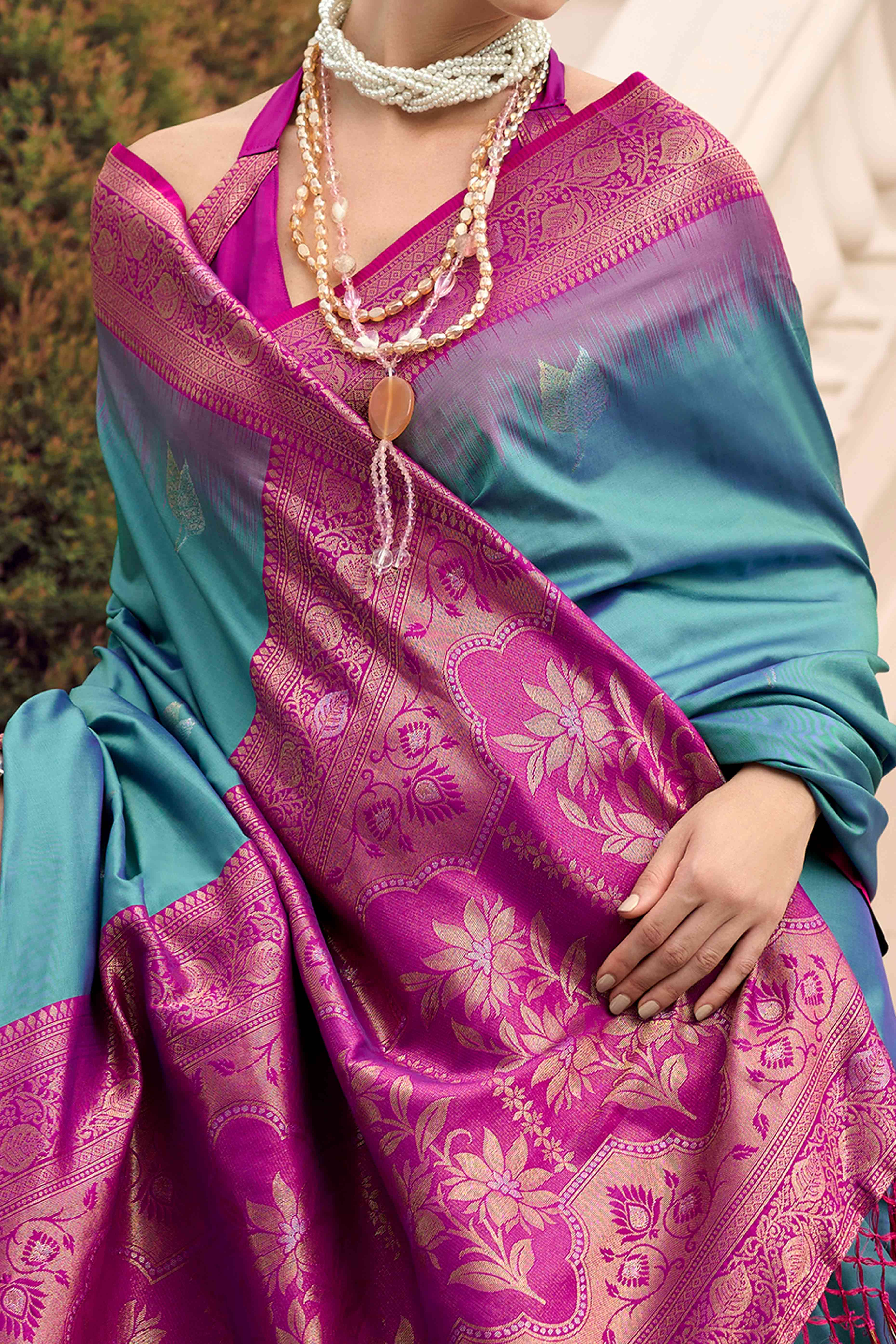 Dusty Teal Zari Weaving Pure Silk Saree