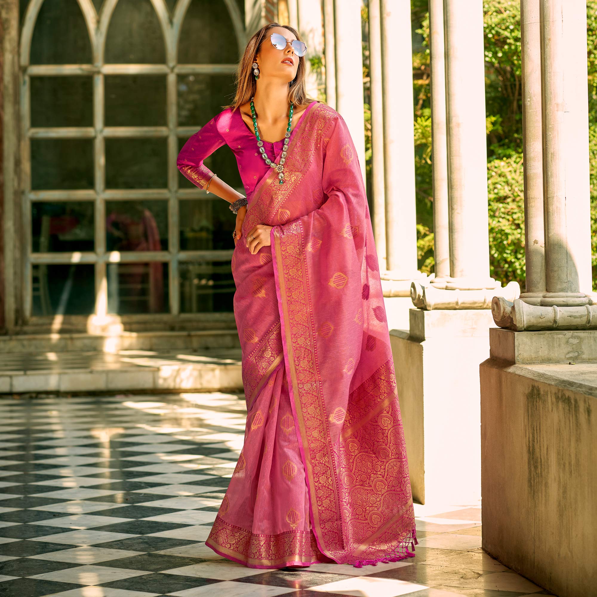 Pink Floral Woven Tissue Silk Saree With Tassels