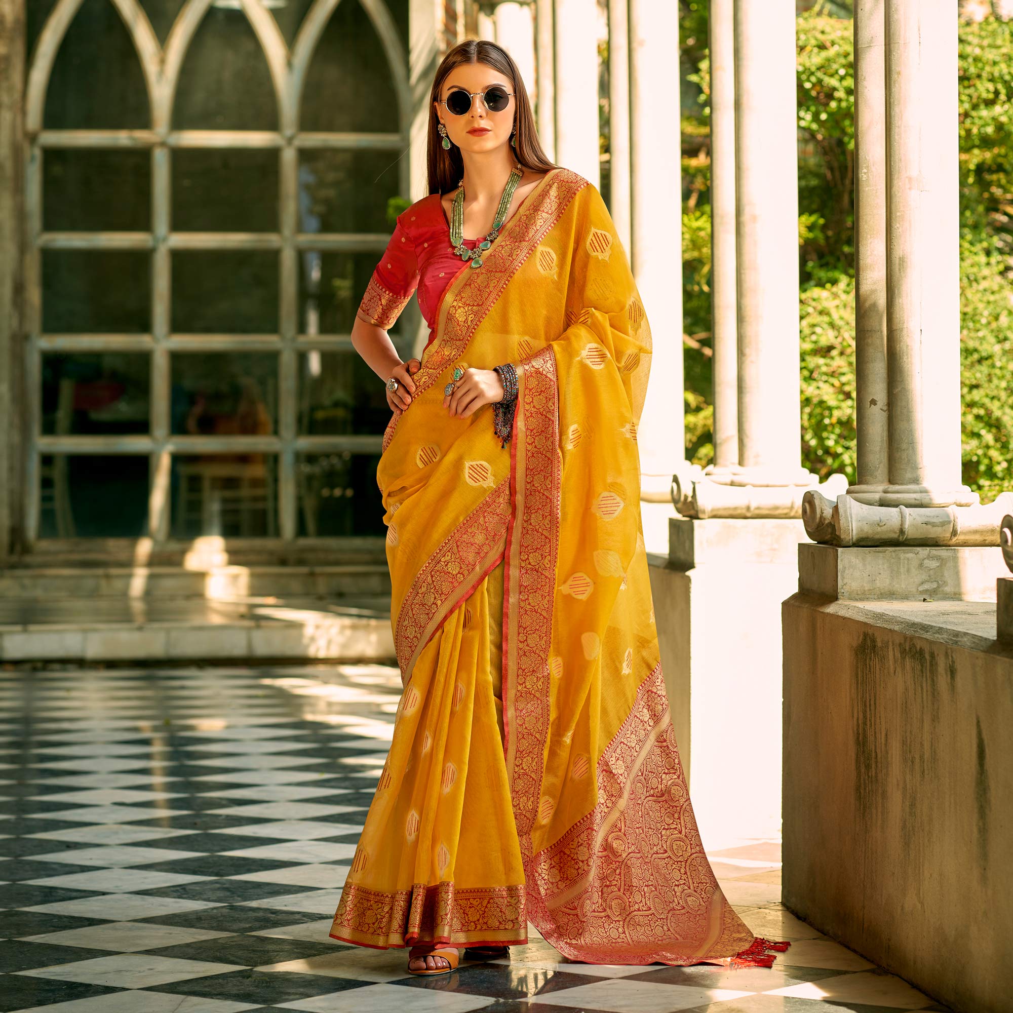 Yellow Floral Woven Tissue Silk Saree With Tassels