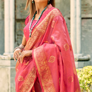 Gajari Pink Floral Woven Tissue Silk Saree With Tassels