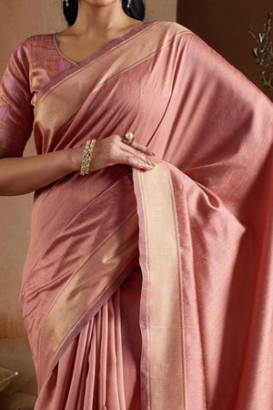 Graceful Peach Zari Woven Bhagalpuri Silk Saree Accented With Tassel Pallu