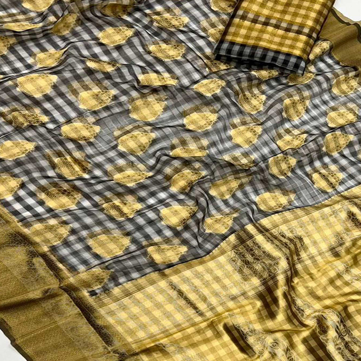 Yellow Checks Woven Organza Saree With Tassels