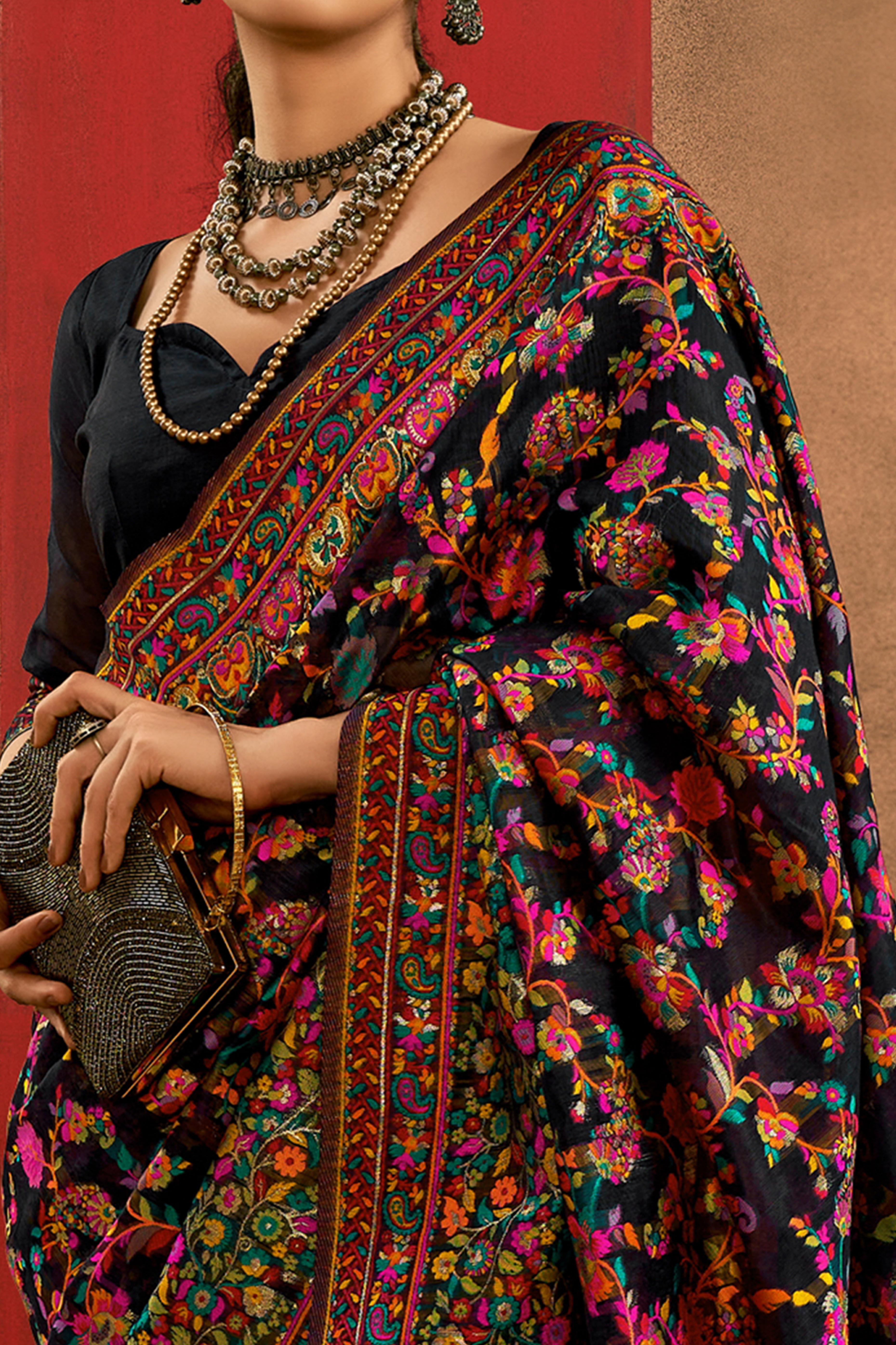 Graceful Black Floral Weaving Pashmina Modal Cotton Blend Saree With Timeless Appeal