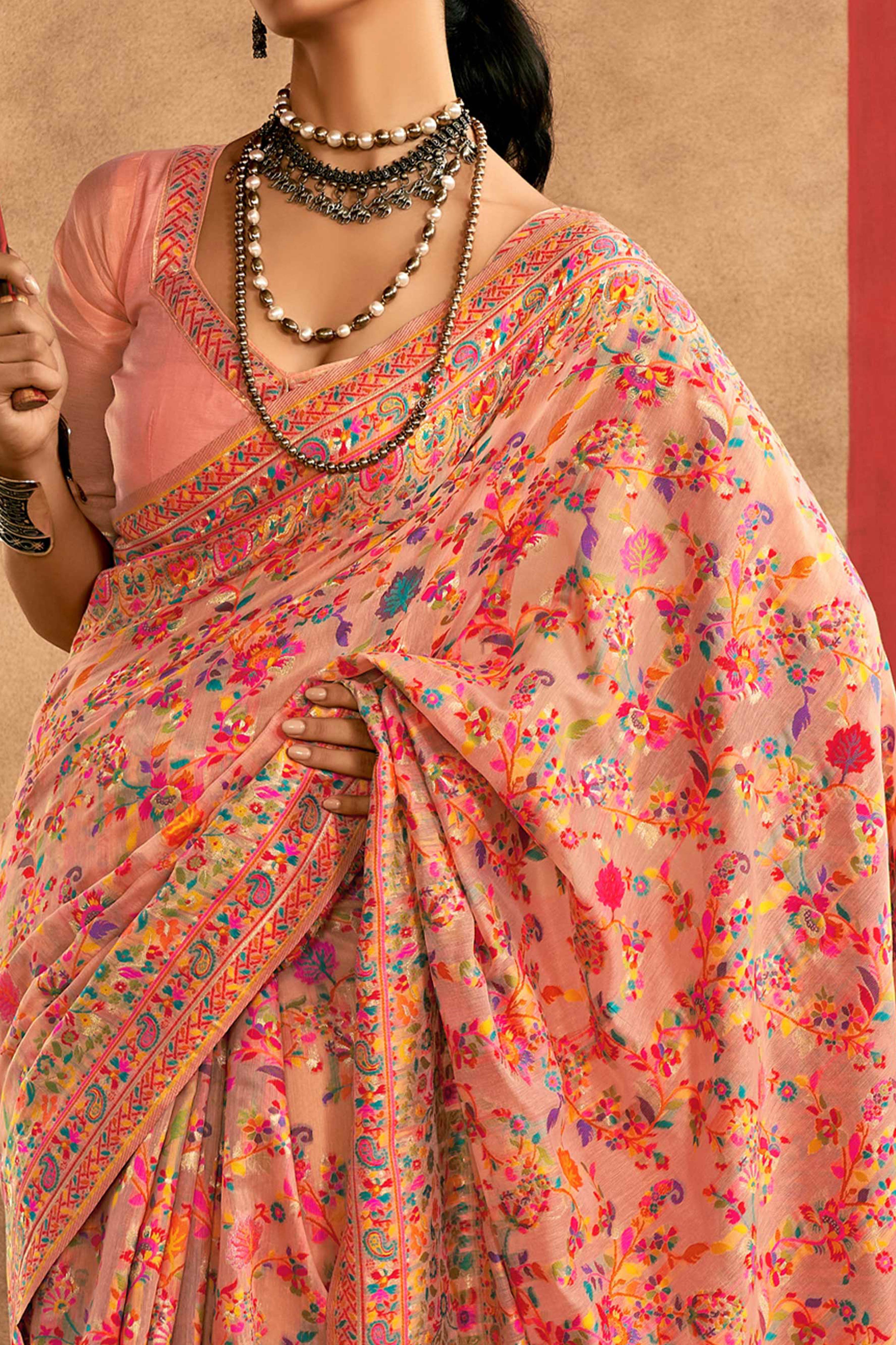 Graceful Peach Floral Weaving Pashmina Modal Cotton Blend Saree With Timeless Appeal
