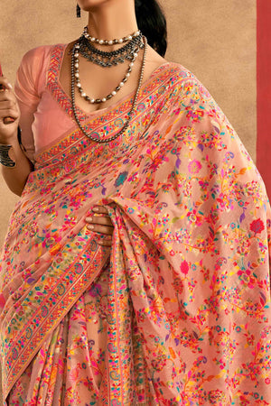 Graceful Peach Floral Weaving Pashmina Modal Cotton Blend Saree With Timeless Appeal