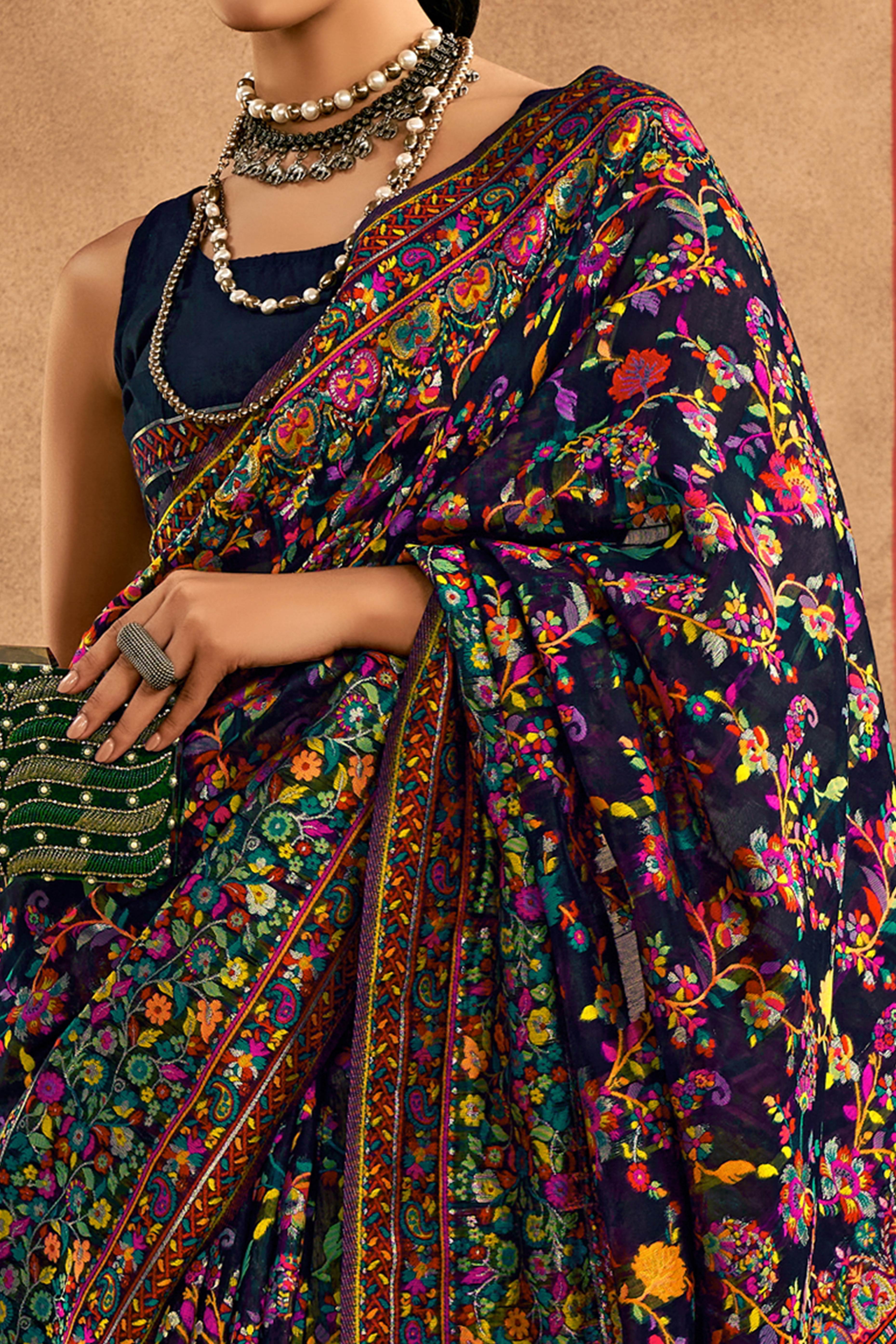 Graceful Navy Blue Floral Weaving Pashmina Modal Cotton Blend Saree With Timeless Appeal