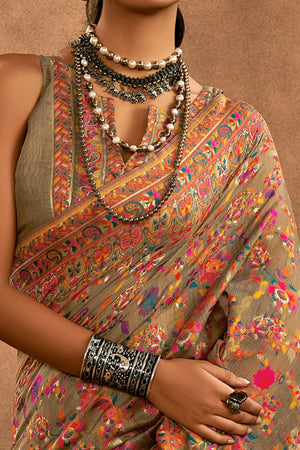 Graceful Dark Chikoo Floral Weaving Pashmina Modal Cotton Blend Saree With Timeless Appeal