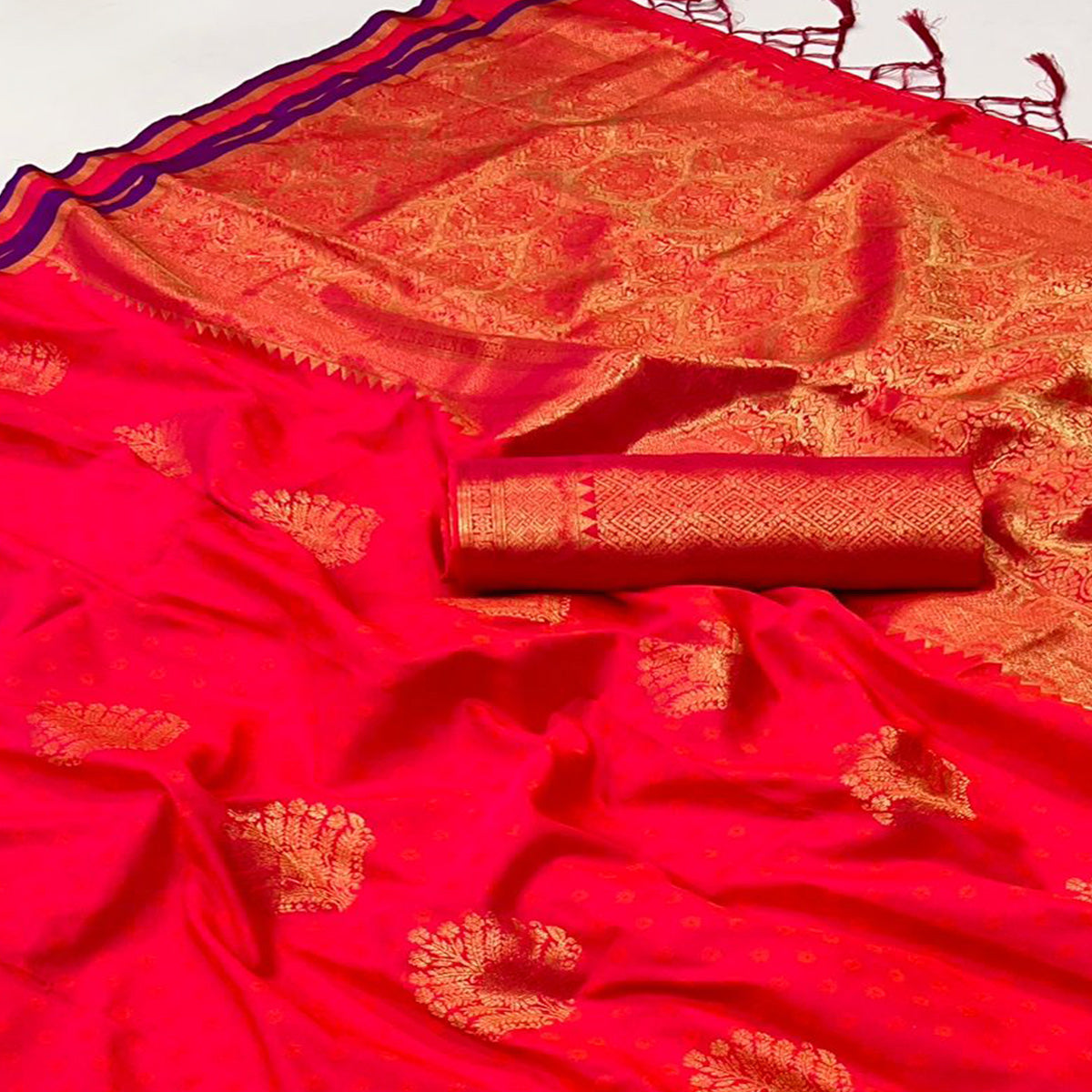 Rani Pink Zari Work Woven Mulberry Silk Saree