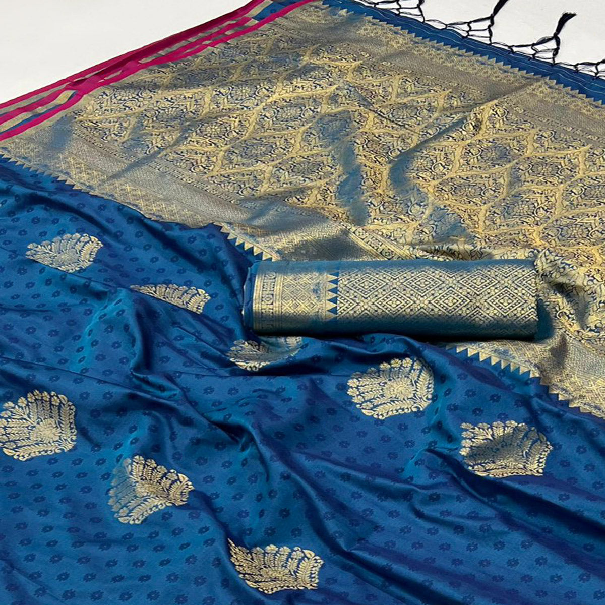 Blue Zari Work Woven Mulberry Silk Saree