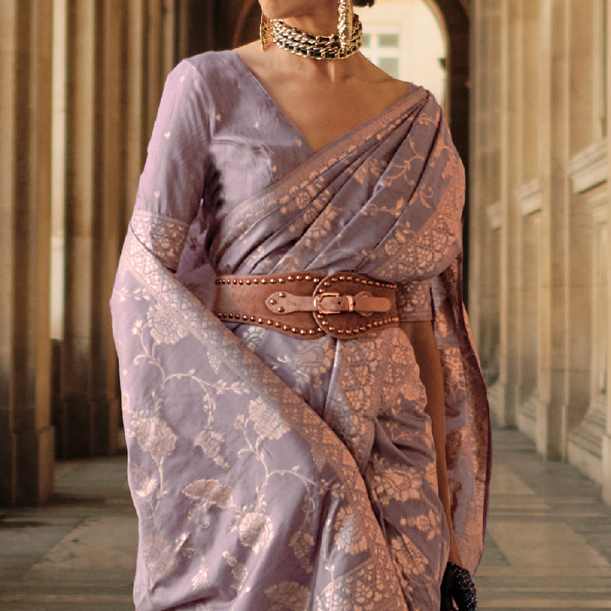 Purple Floral Woven Art Silk Saree With Tassels