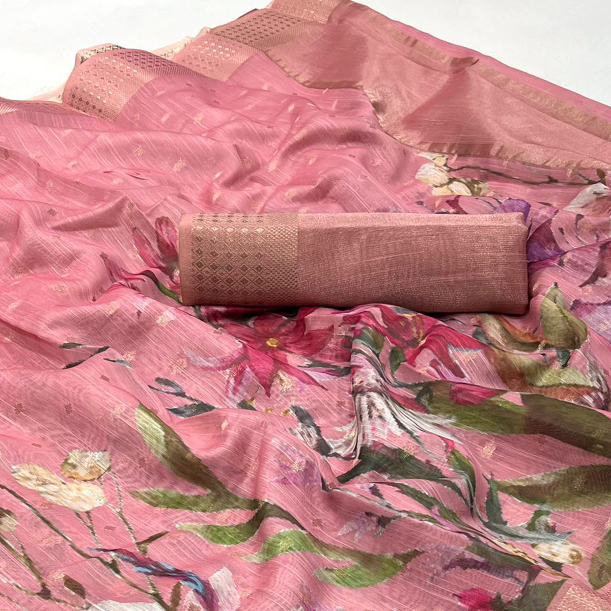 Pink Floral Digital Printed Linen Saree