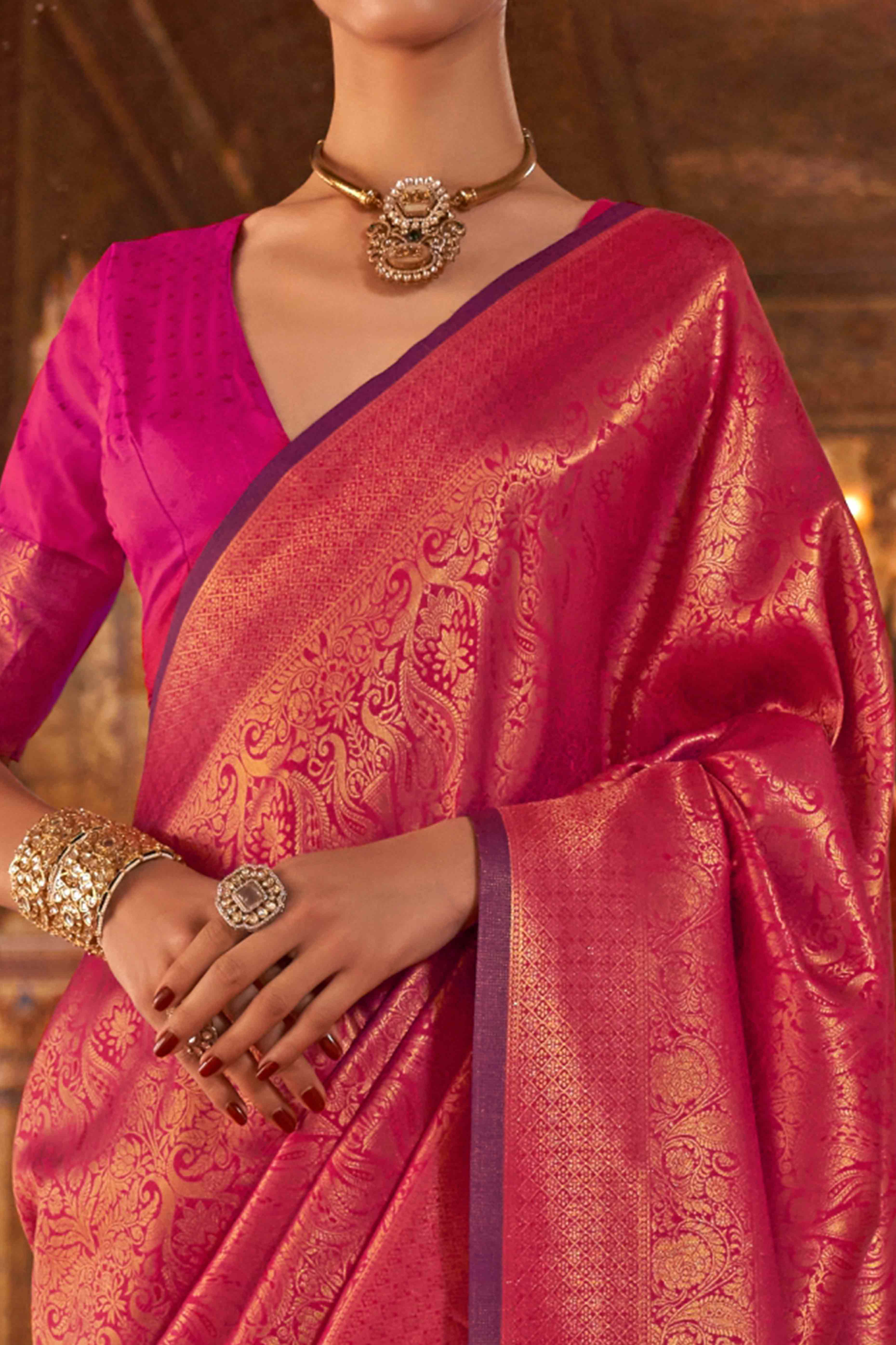 Dark Pink Pure Look Banarasi Saree with Classic Zari Brocade Weaving