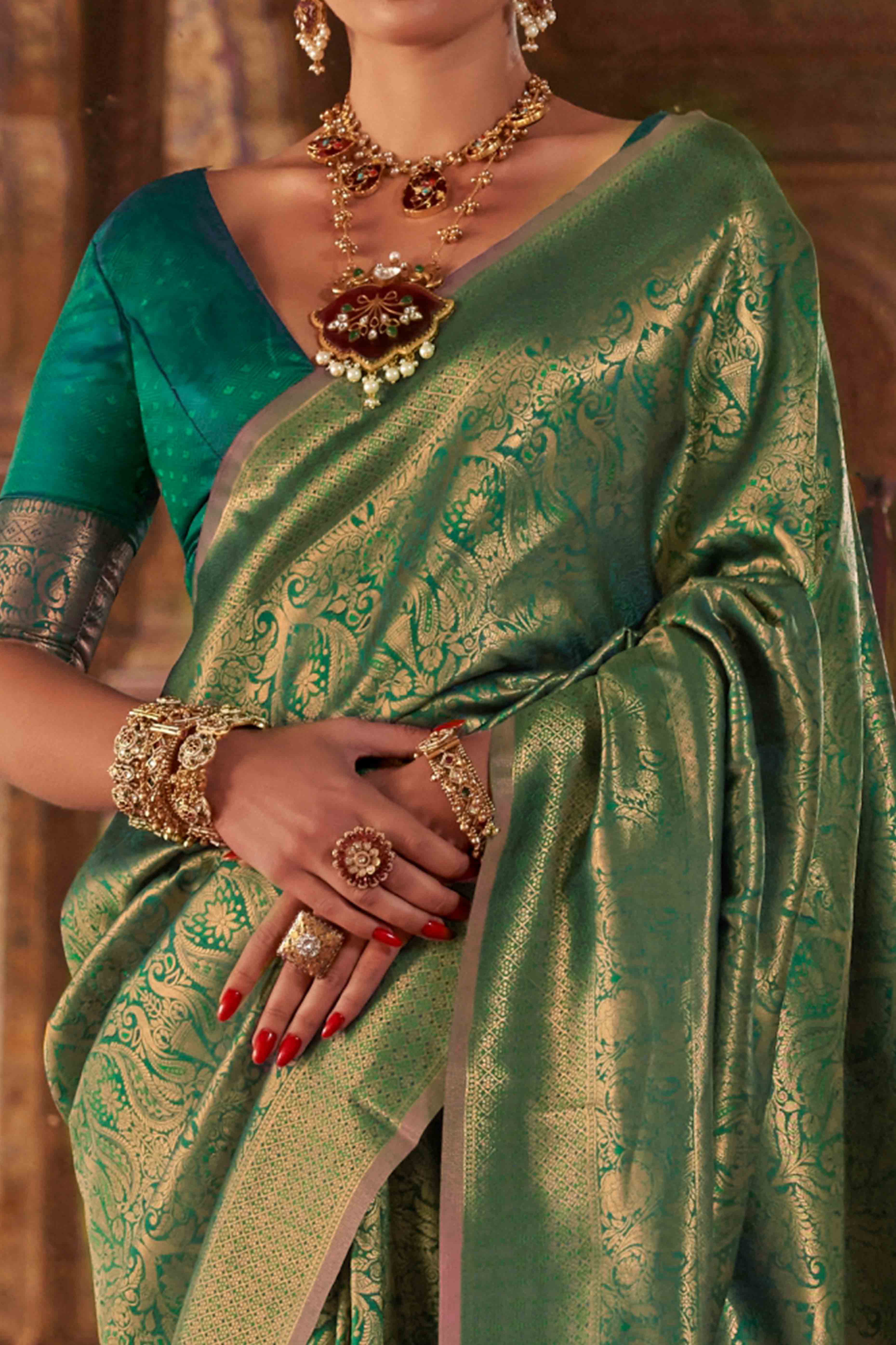 Morpich Green Pure Look Banarasi Saree with Classic Zari Brocade Weaving