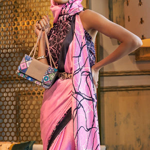 Pink Printed Satin Saree