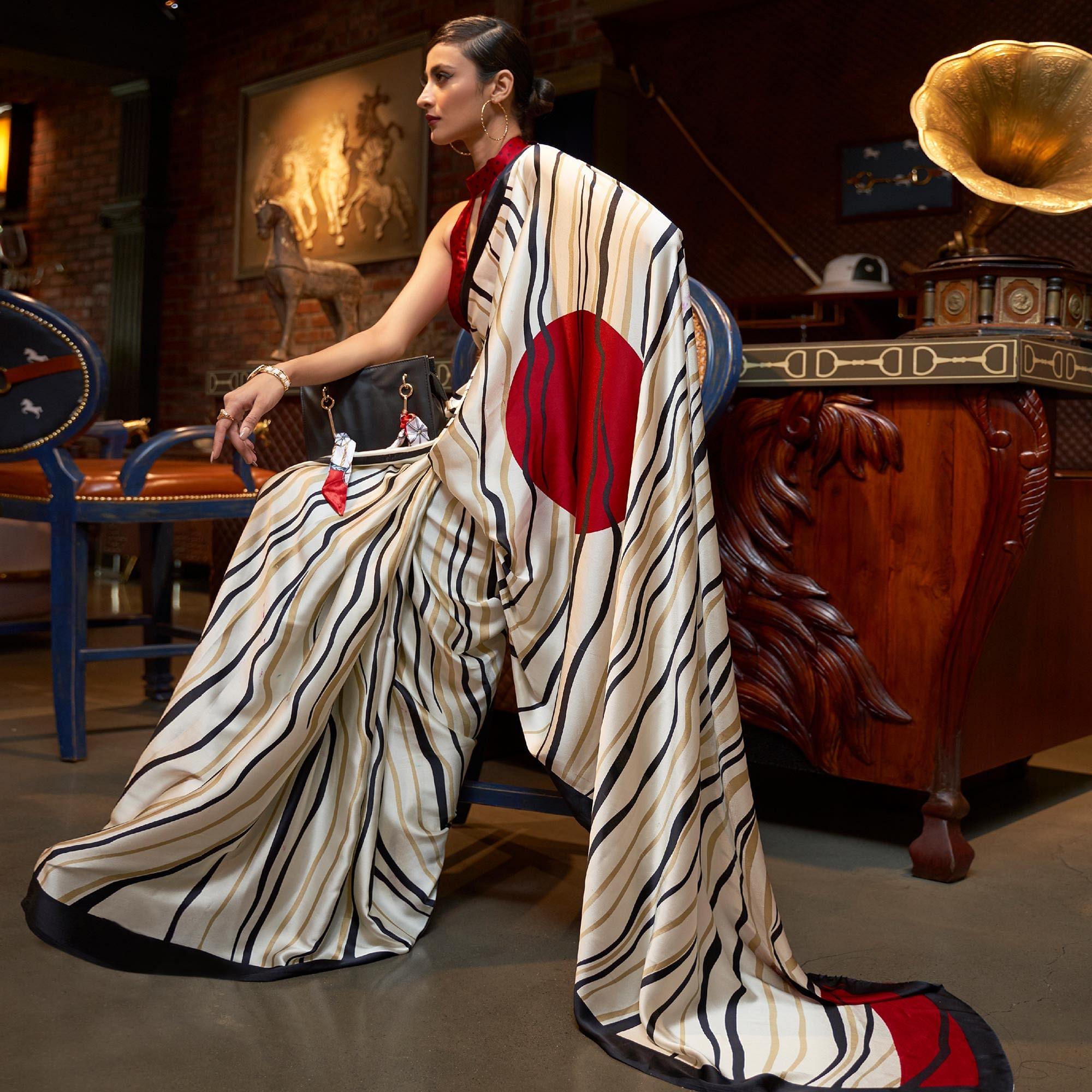 Off White Striped Printed Satin Saree
