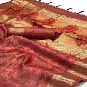 Rust Zari Woven Organza Saree Tassels