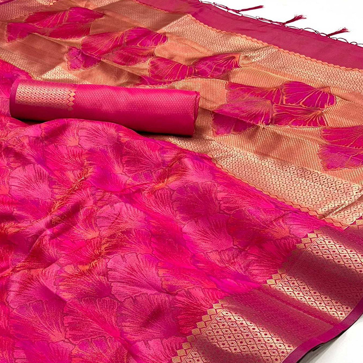 Pink Zari Woven Organza Saree Tassels