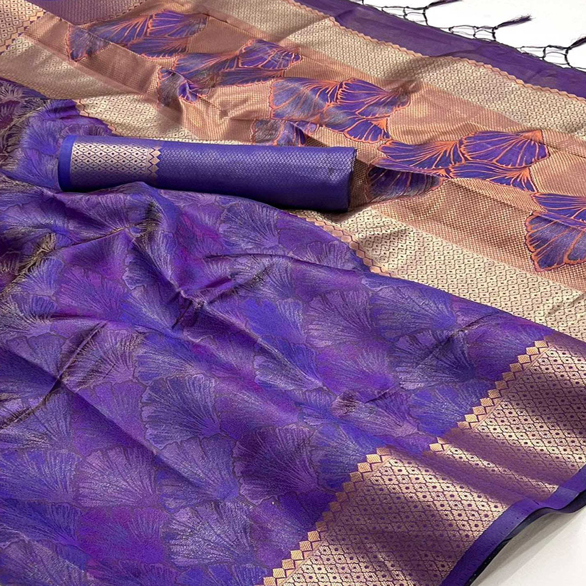 Purple Zari Woven Organza Saree Tassels