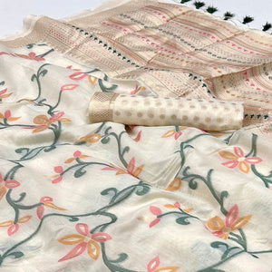Off White Floral Woven Cotton Silk Saree With Tassels