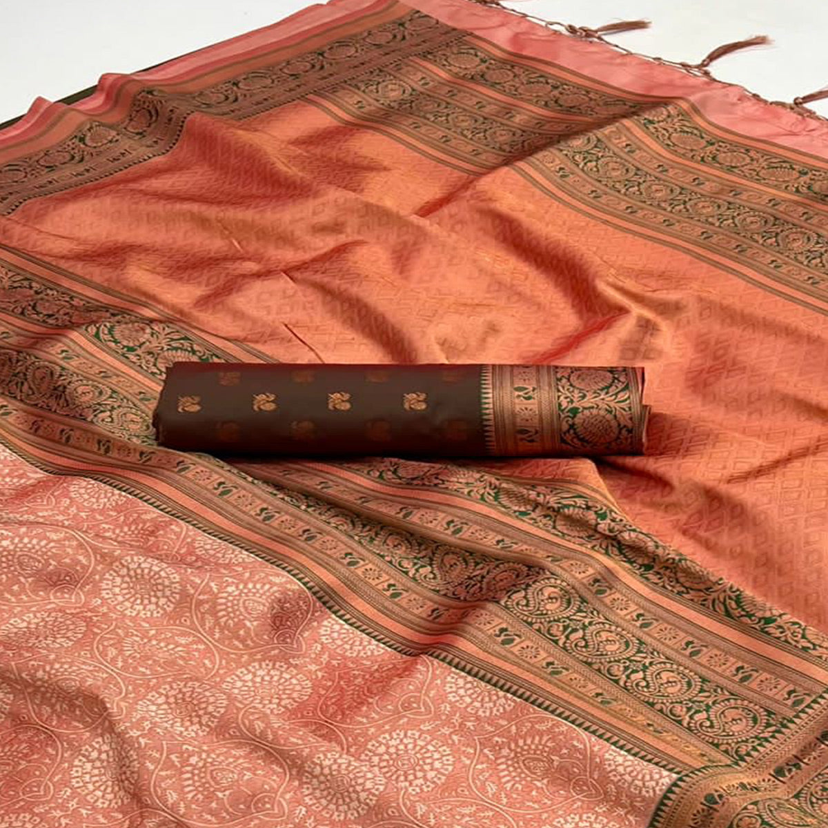 Peach Floral Woven Art Silk Saree With Tassels