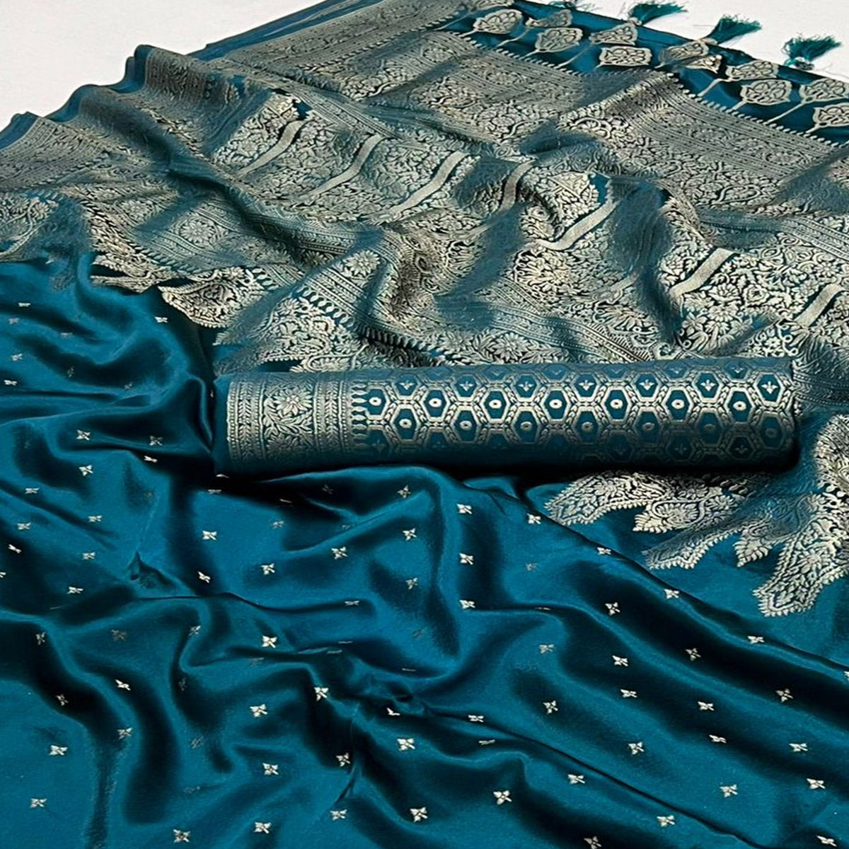Teal Zari Woven Satin Saree With Tassels