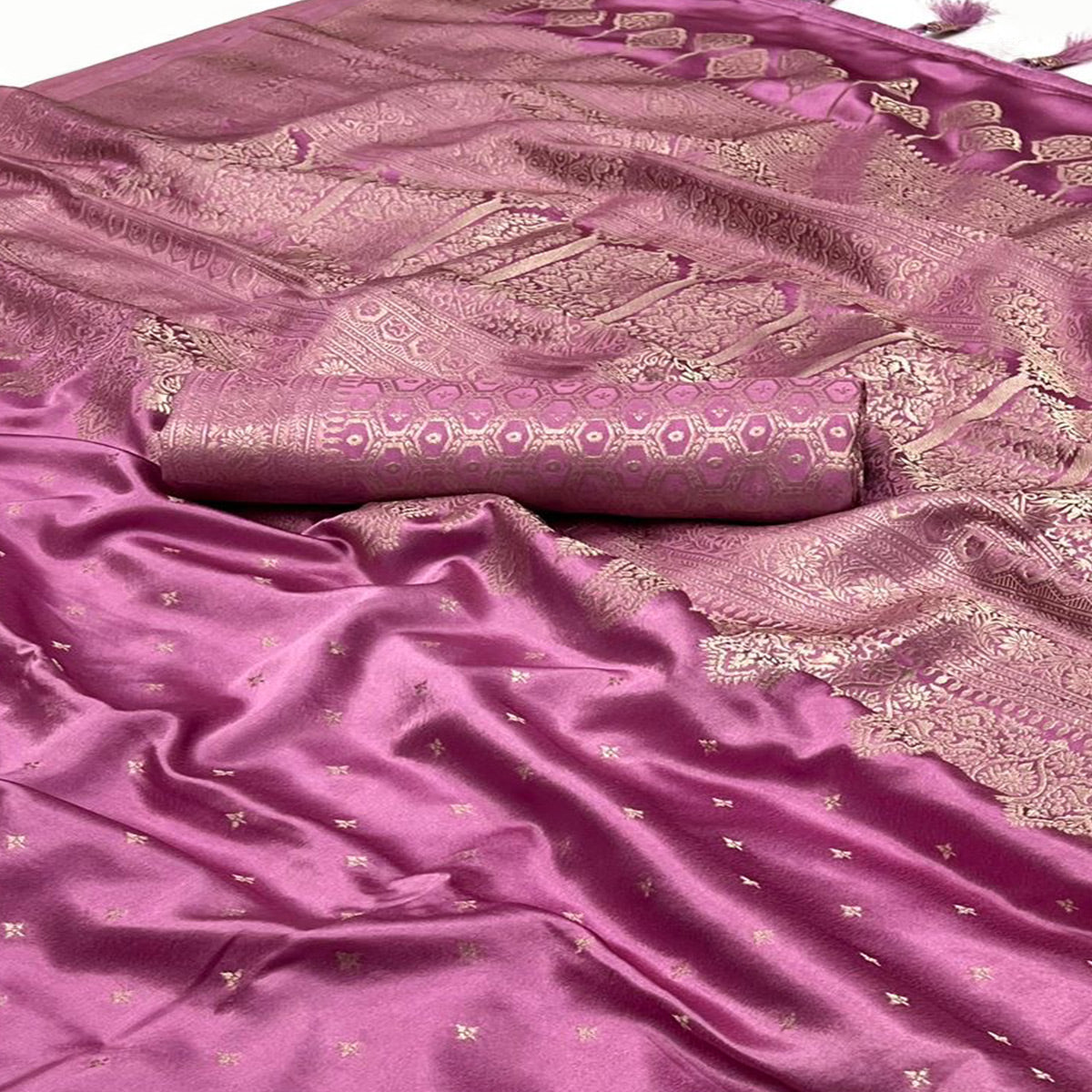 Pink Zari Woven Satin Saree With Tassels