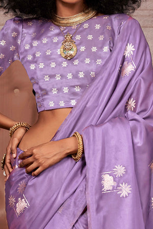 Purple Satin Silk Saree with Exquisite Floral Zari Weaving & Graceful Tassel Detailing