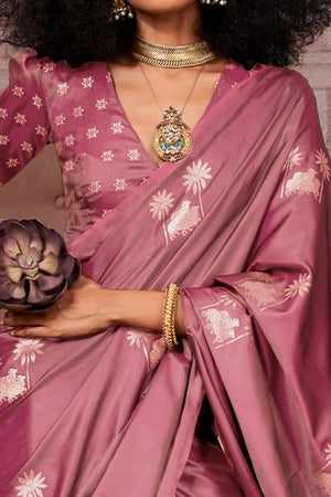 Peach Satin Silk Saree with Exquisite Floral Zari Weaving & Graceful Tassel Detailing