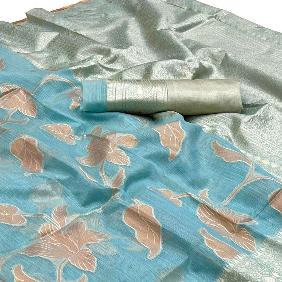 Blue Floral Woven Linen Saree With Zari Work