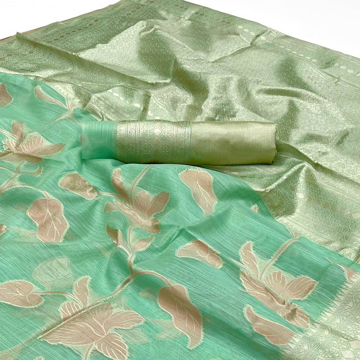 Sea Green Floral Woven Linen Saree With Zari Work