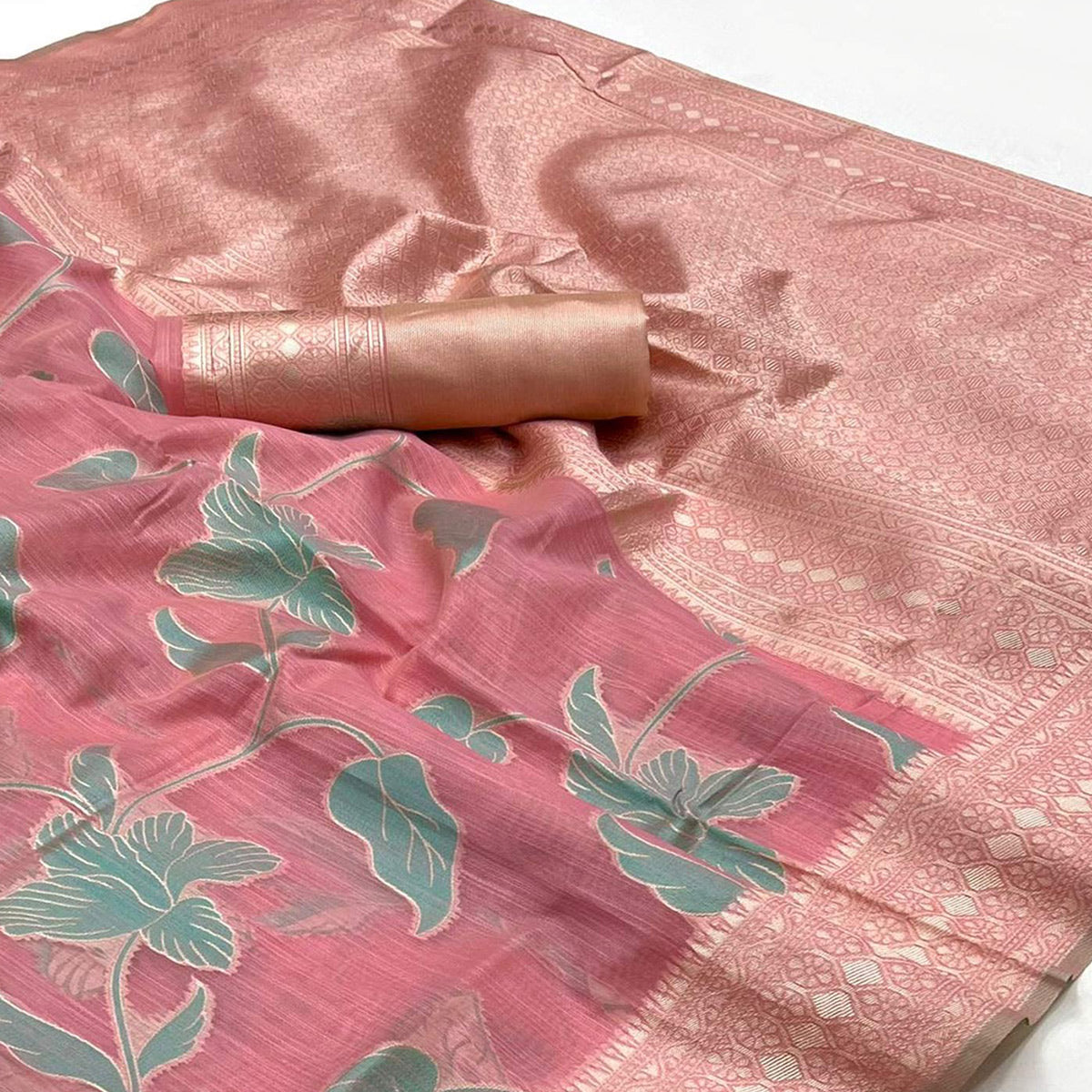 Pink Floral Woven Linen Saree With Zari Work