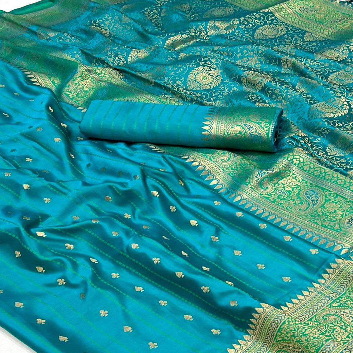 Rama Blue Woven Zari Border Satin Saree With Tassels