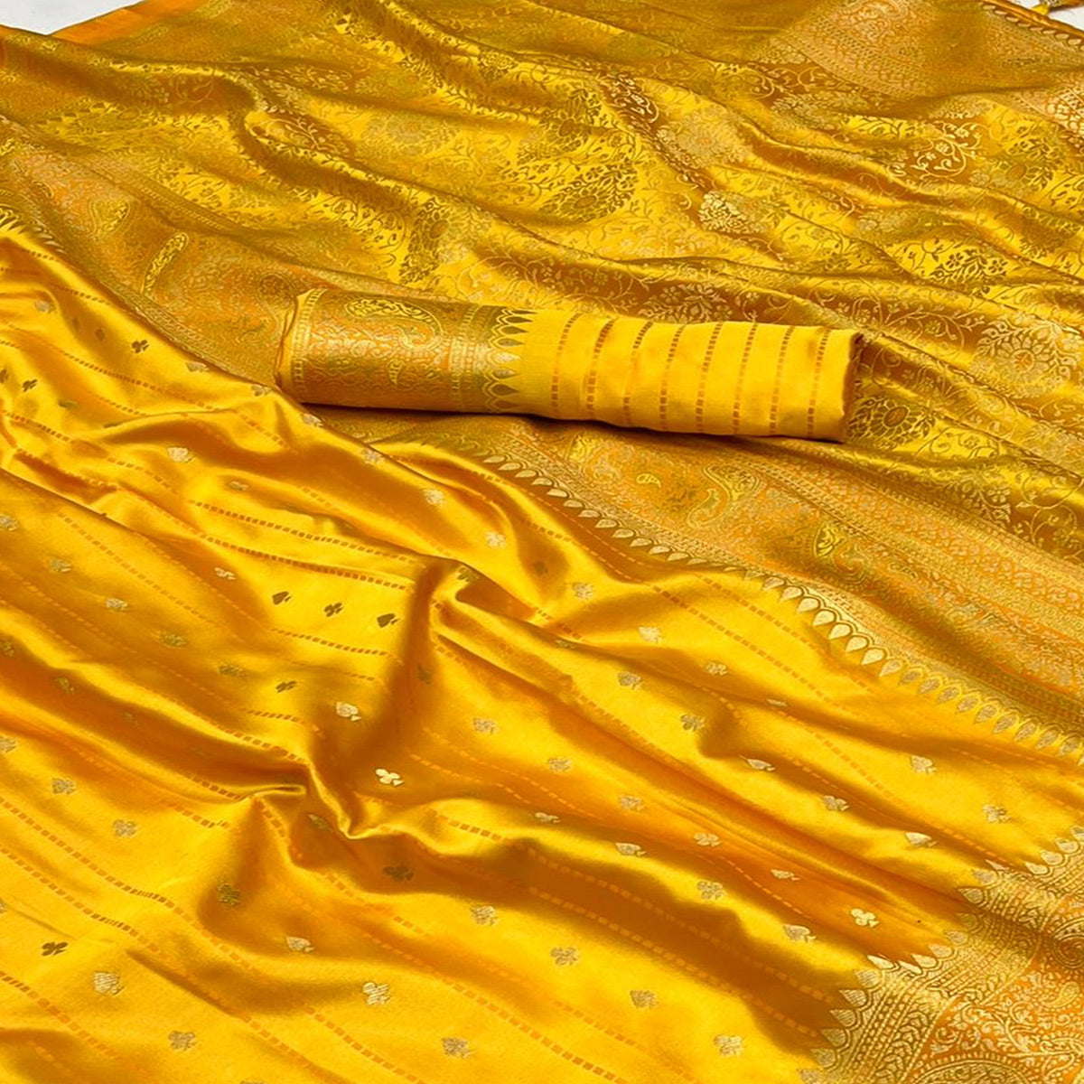 Yellow Woven Zari Border Satin Saree With Tassels