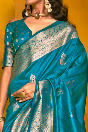 5Rama Blue Floral Zari Weaving Banarasi Silk Saree