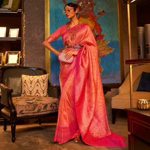 Orange & Pink Floral Woven Art Silk Saree