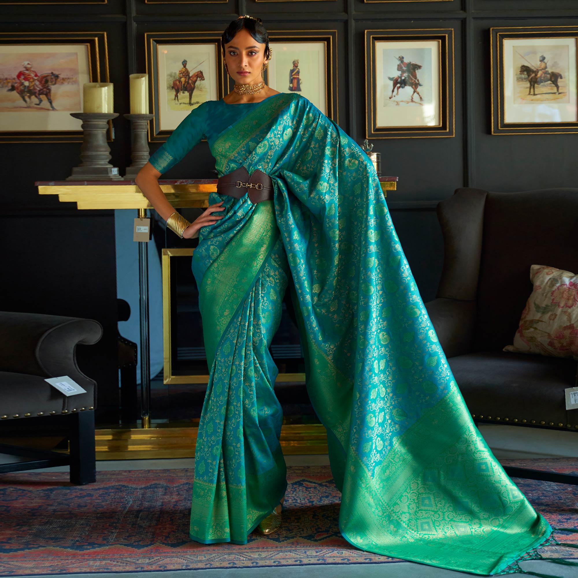 Rama Blue & Green Floral Woven Art Silk Saree