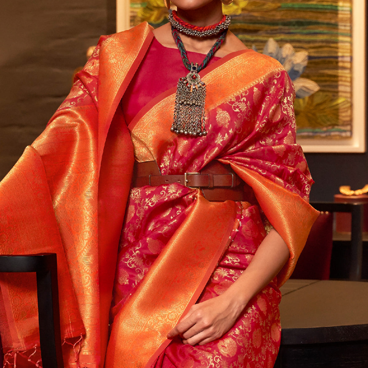 Red & Orange Floral Woven Art Silk Saree