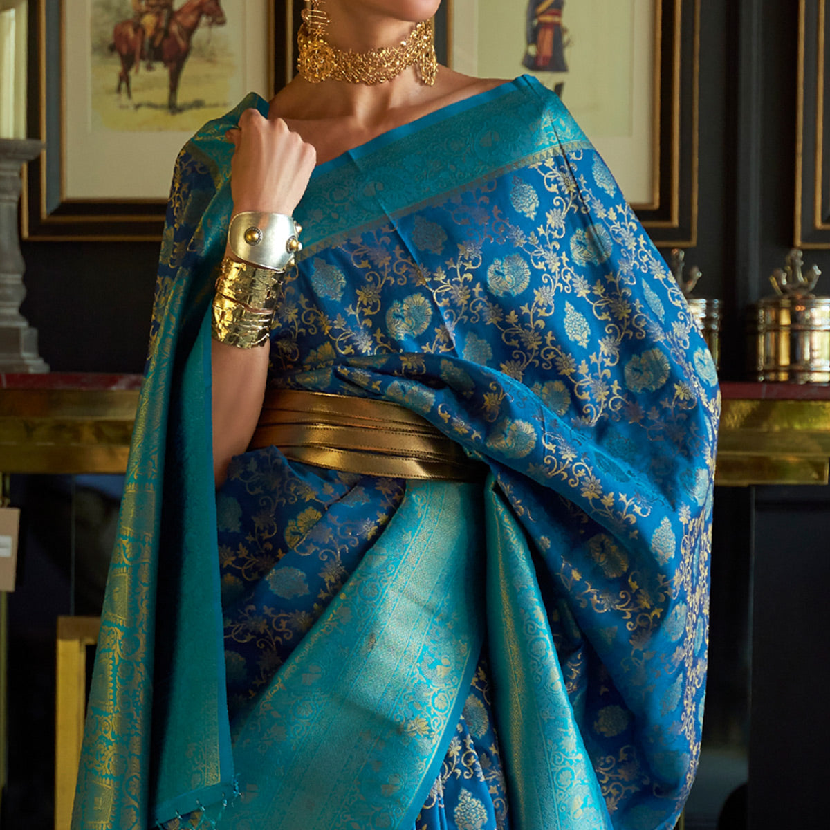 Blue & Rama Floral Woven Art Silk Saree
