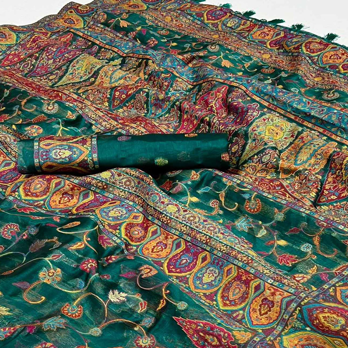 Green Woven Kashmiri Organza Saree With Tassels