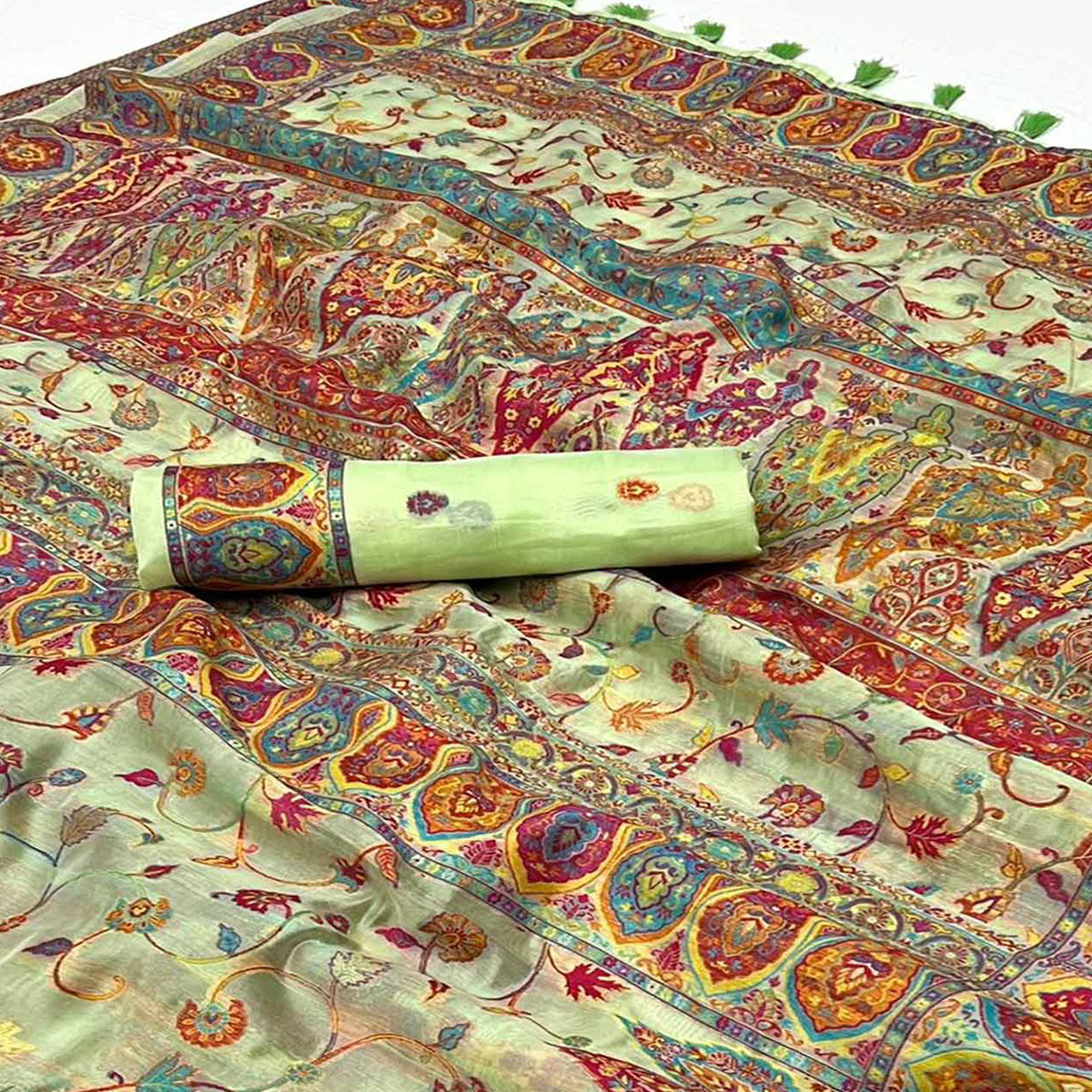Pista Green Woven Kashmiri Organza Saree With Tassels
