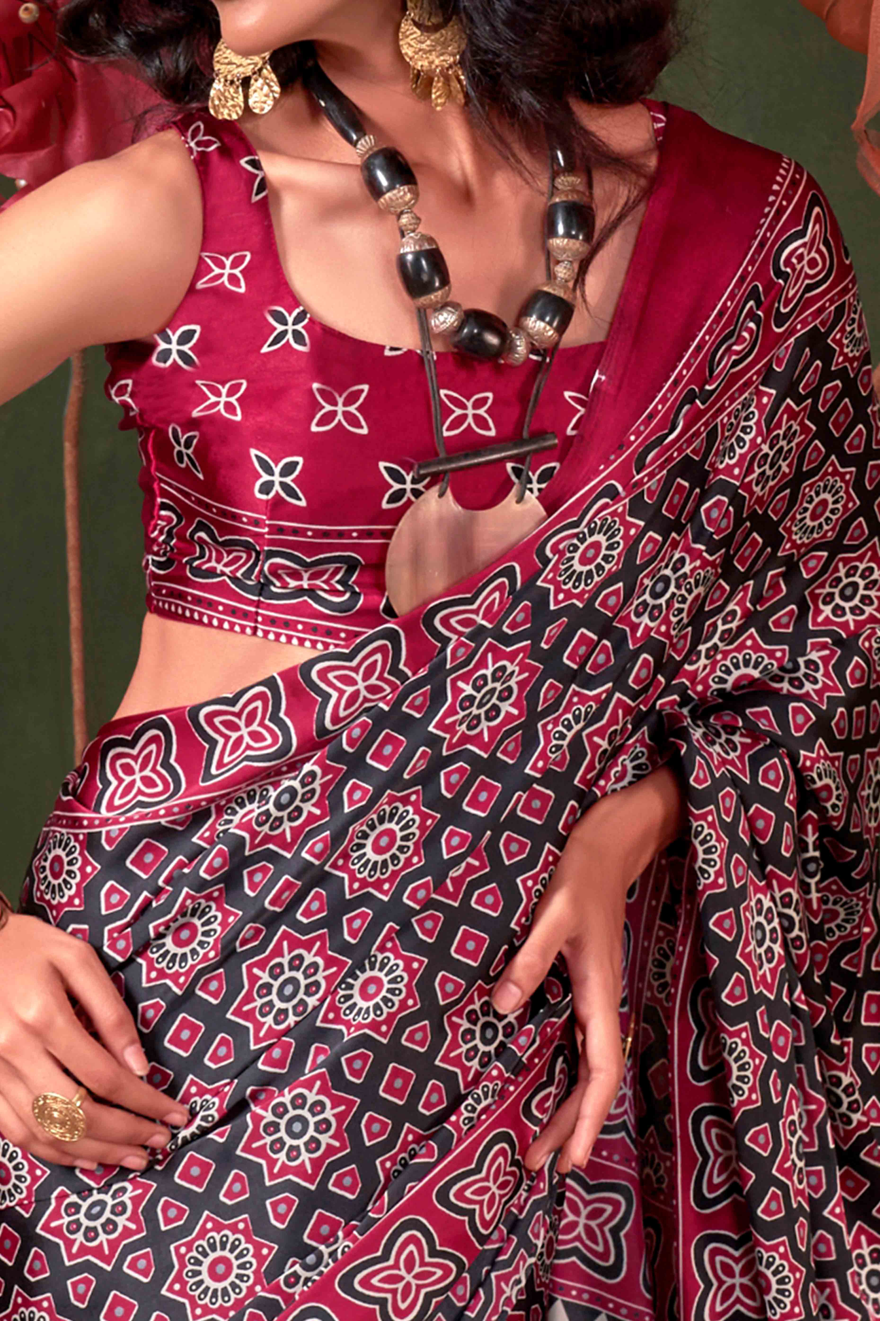 Classic Maroon Saree with Timeless Ajrakh Designs on Satin Crepe