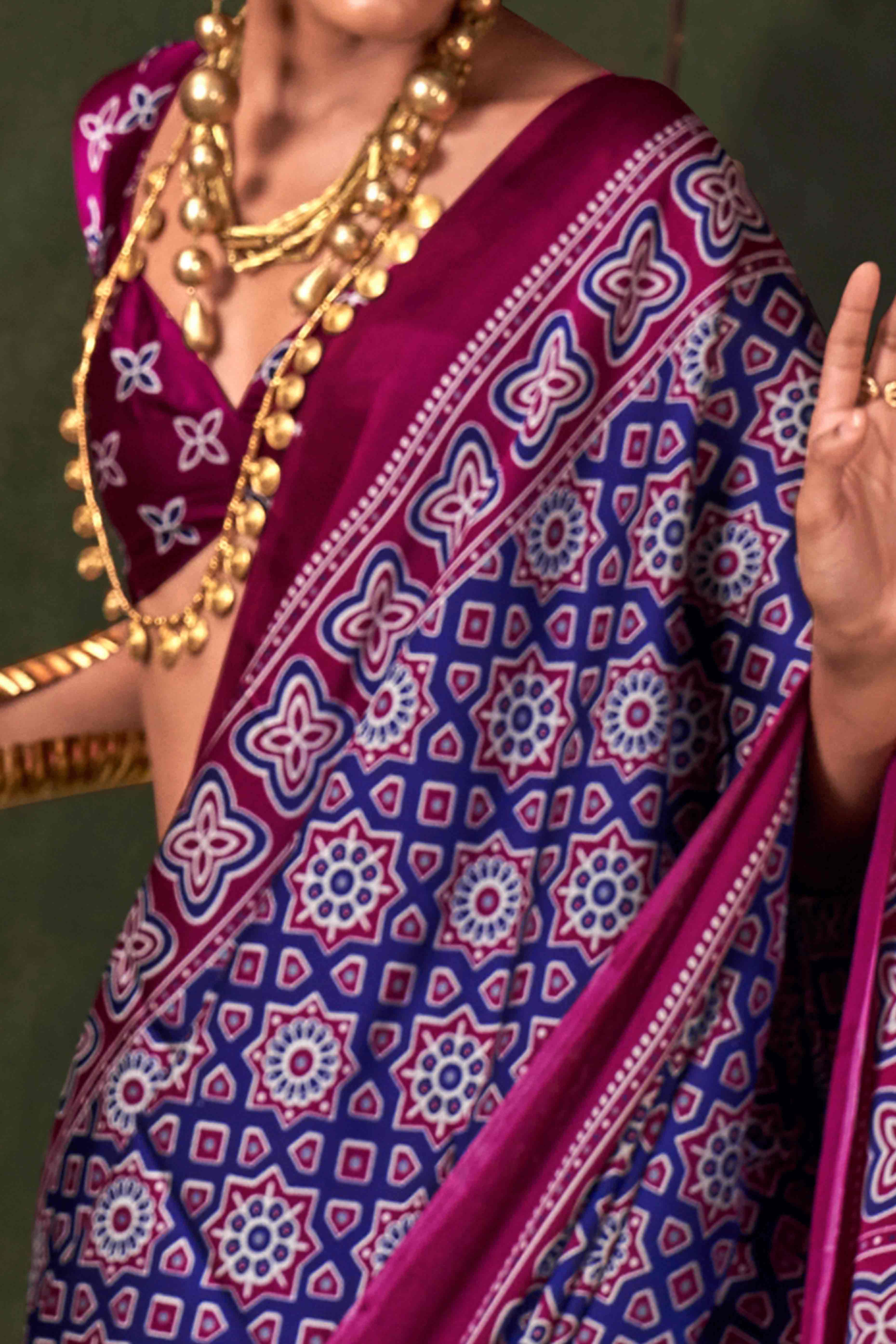 Classic Purple Saree with Timeless Ajrakh Designs on Satin Crepe