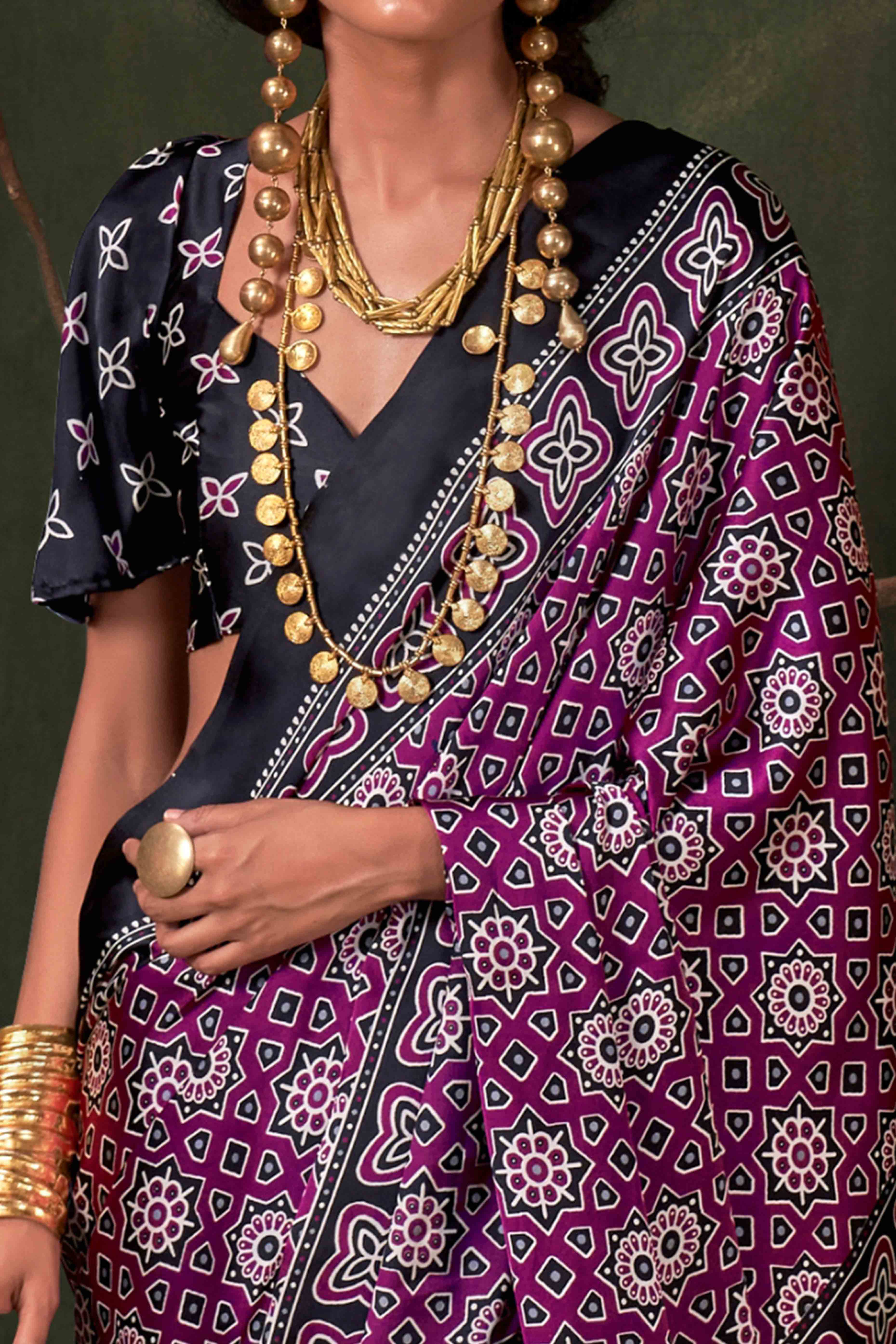 Classic Deep Purple Saree with Timeless Ajrakh Designs on Satin Crepe
