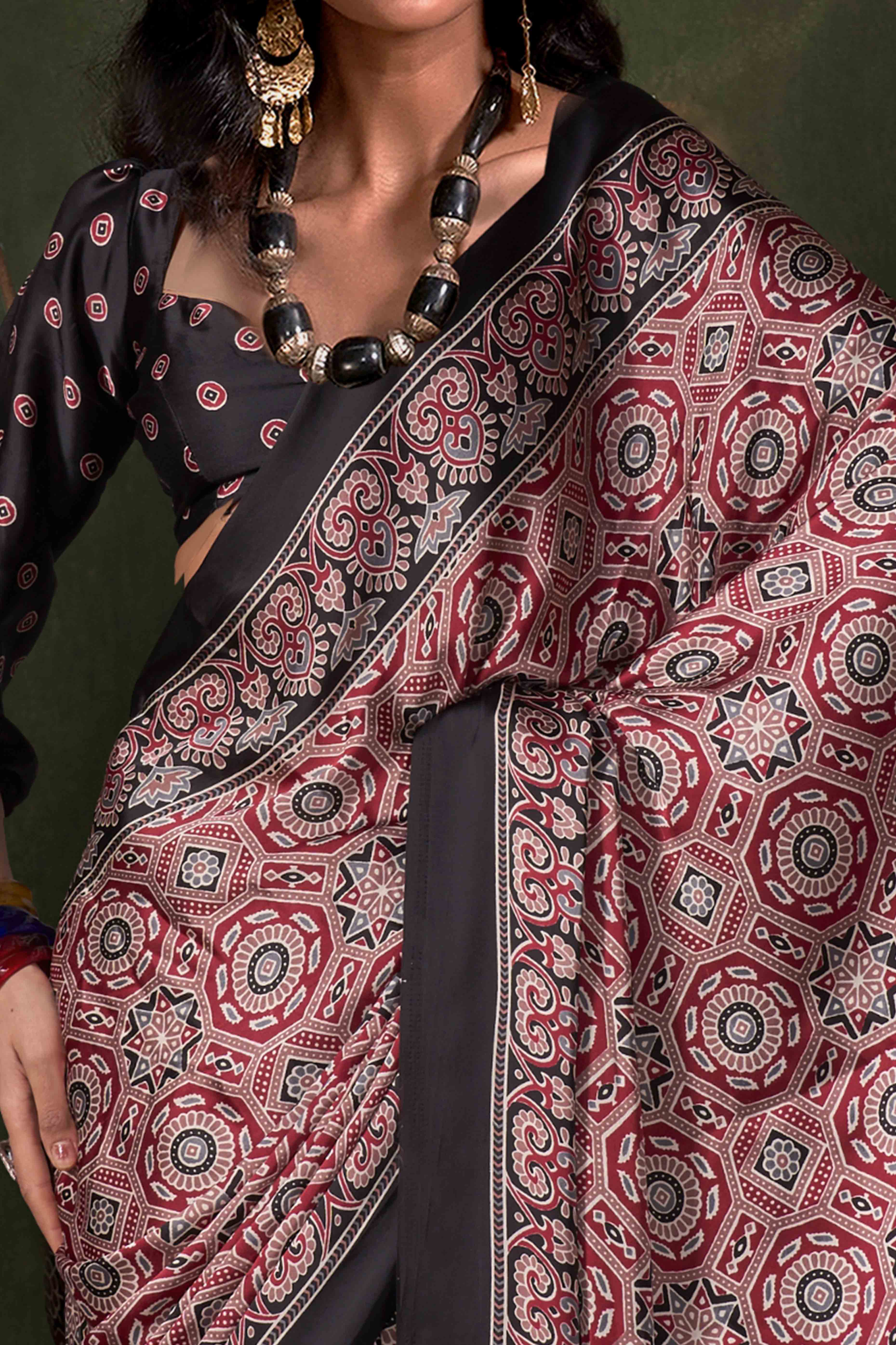 Classic Maroon & Black Saree with Timeless Ajrakh Designs on Satin Crepe