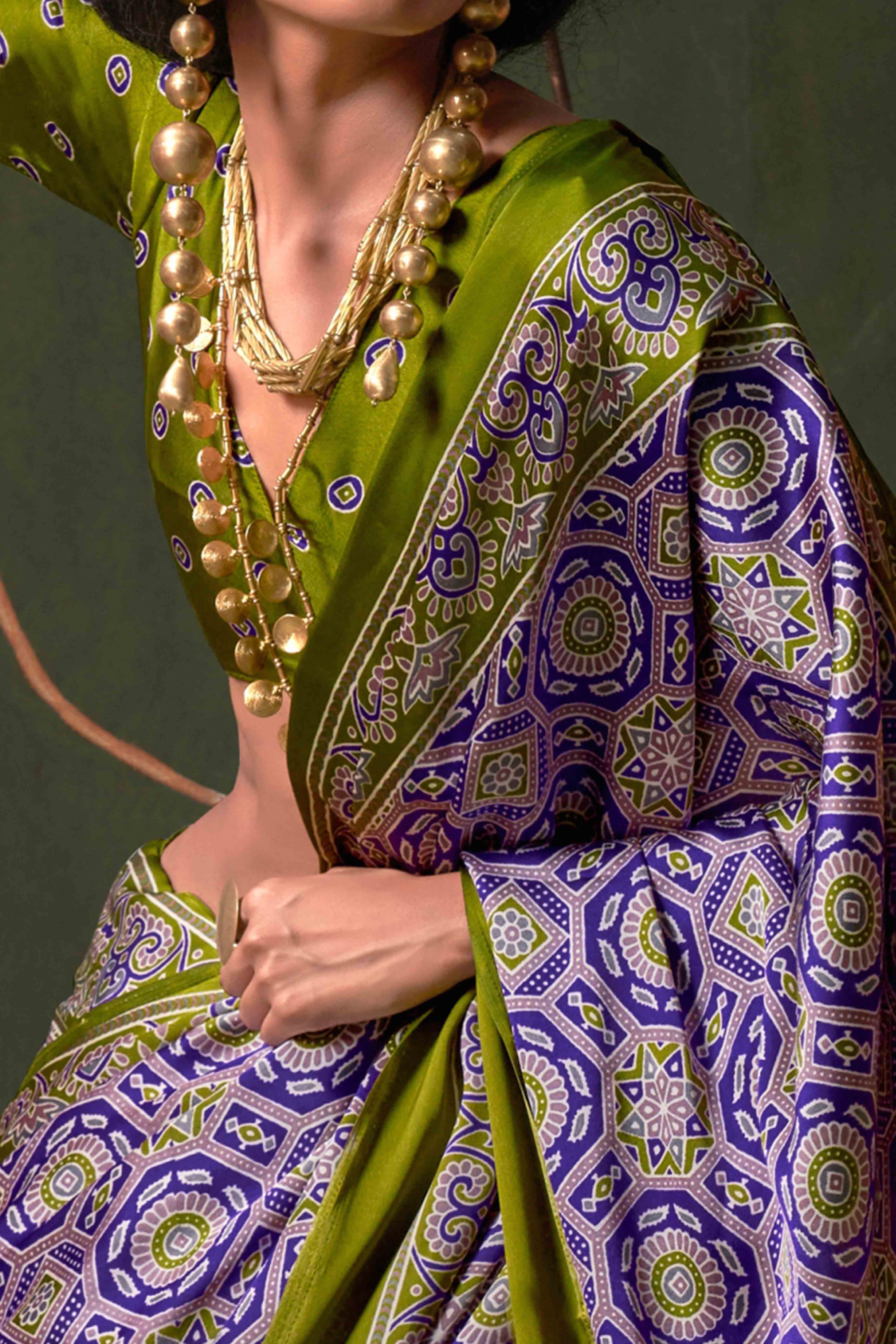 Classic Violet Saree with Timeless Ajrakh Designs on Satin Crepe