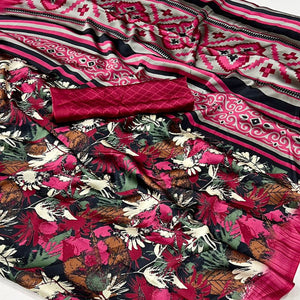 Black & Pink Contemporary Printed Satin Saree