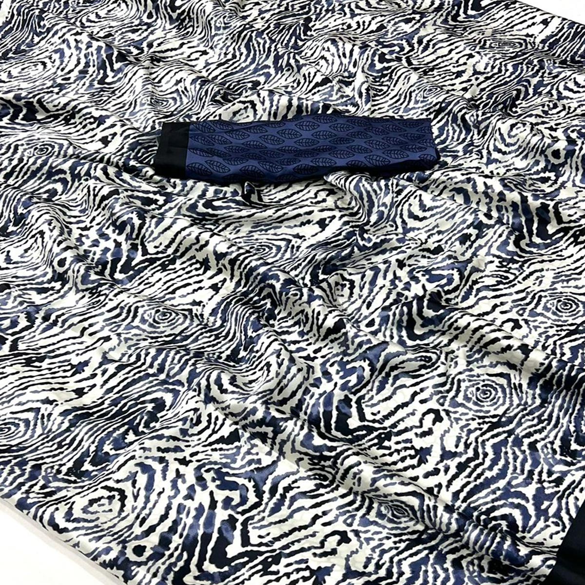 White & Blue Contemporary Printed Satin Saree