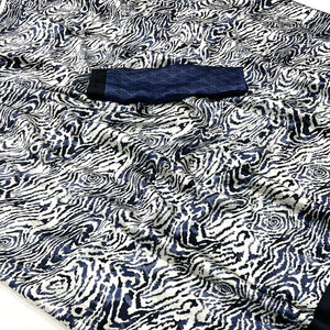 White & Blue Contemporary Printed Satin Saree