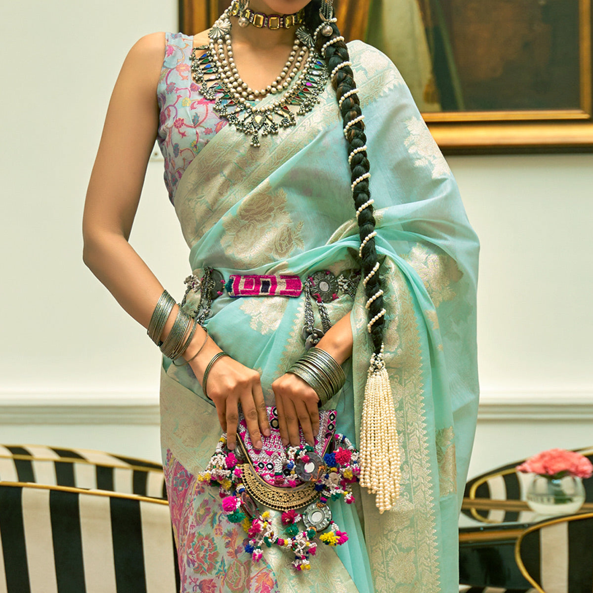 Blue Floral Woven Modal Saree