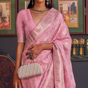 Pink Woven Art Silk Saree With Tassels
